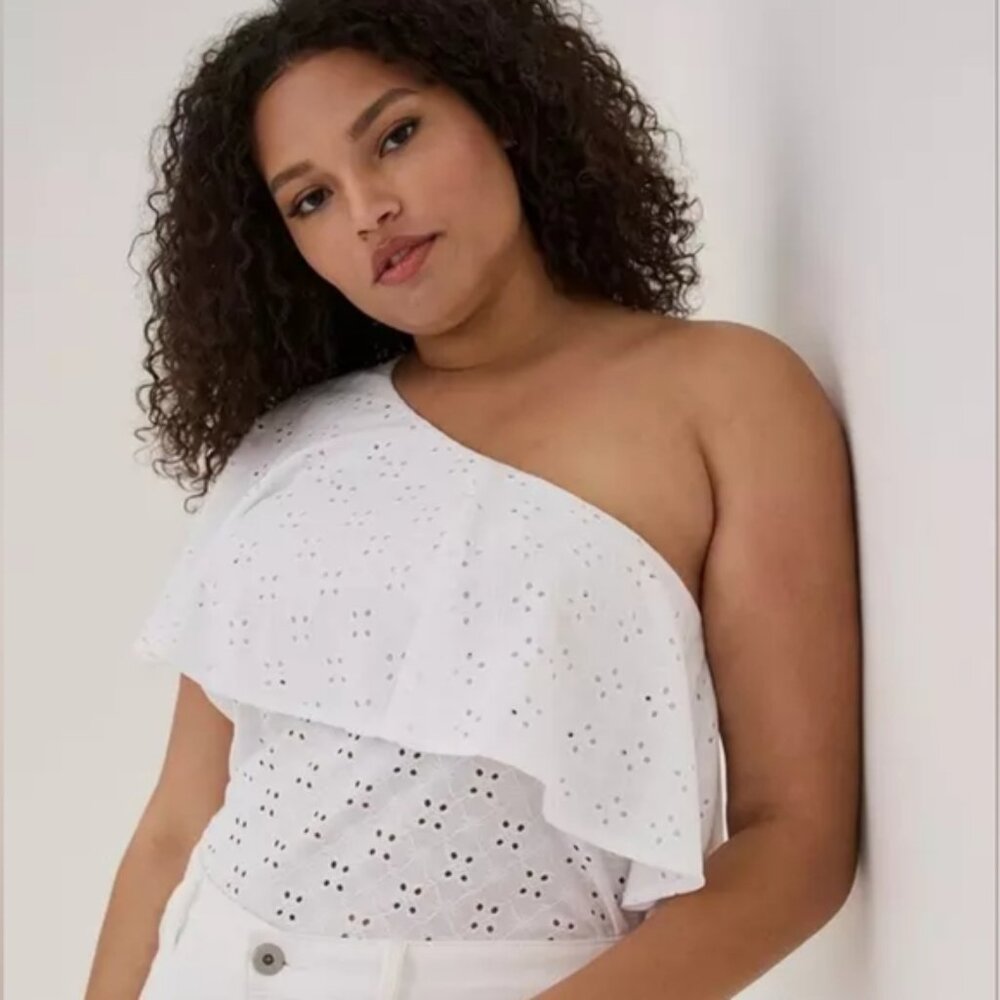 Torrid White Blouse with Ruffled Sleeve and Asymmetrical Neckline Plus Size 4X